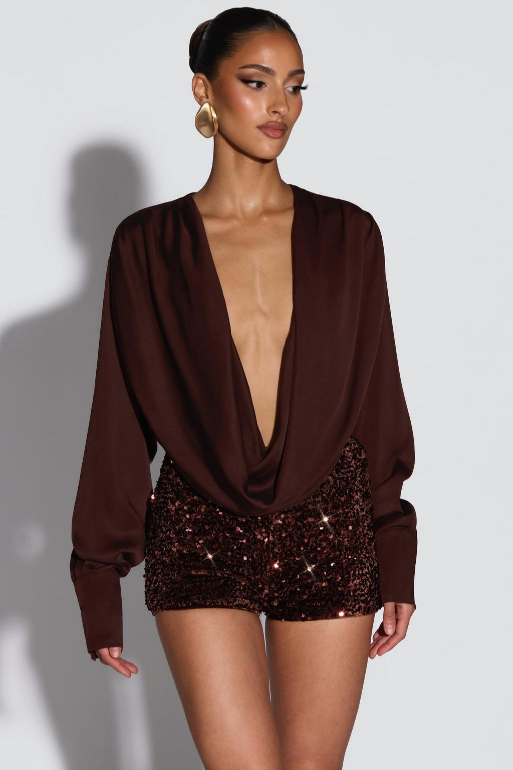Swing Collar Long Sleeve Satin Top & Sequin Shorts Set