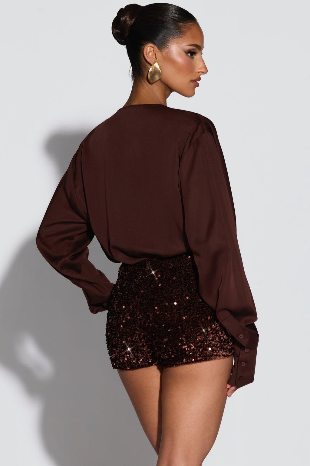 Swing Collar Long Sleeve Satin Top & Sequin Shorts Set