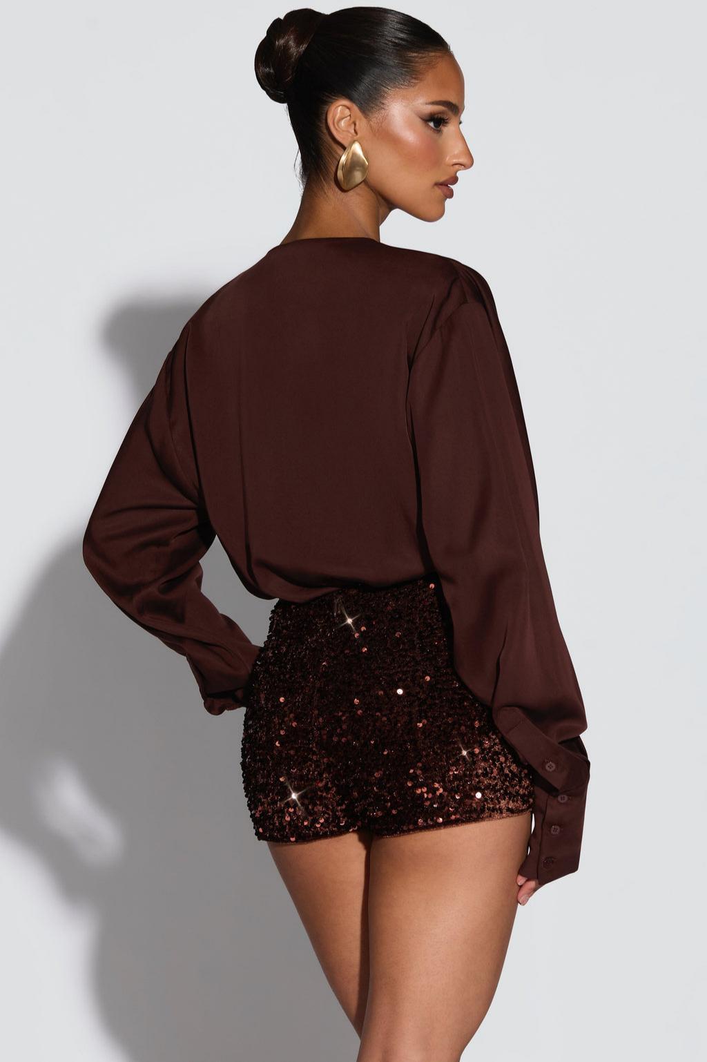 Swing Collar Long Sleeve Satin Top & Sequin Shorts Set