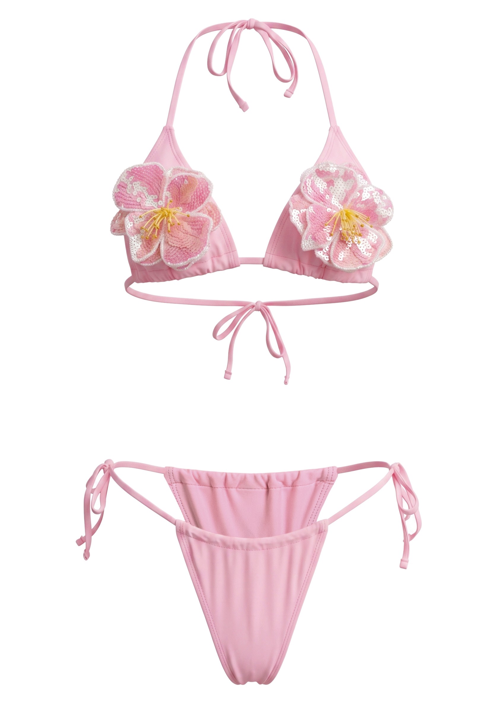 Sequin Beaded Flower Tie-Up Bikini Two Piece Set
