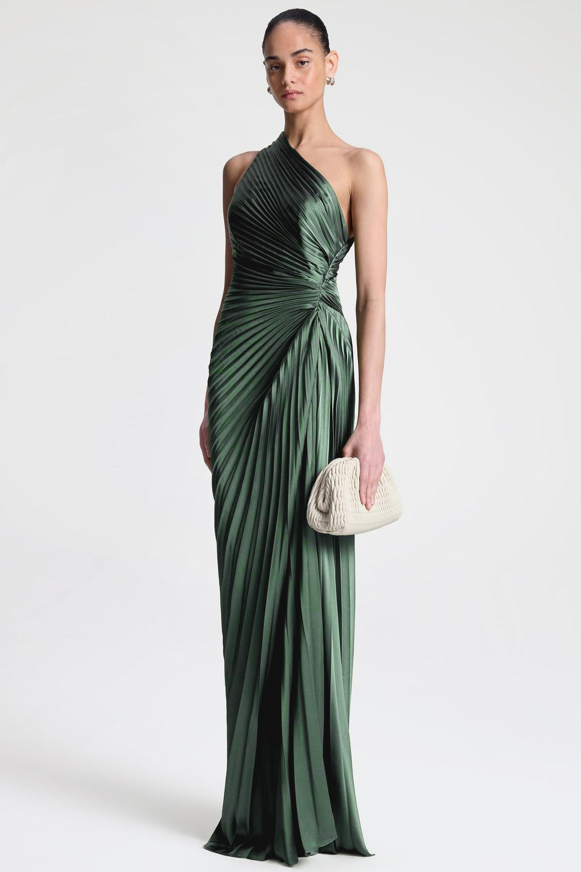 Skew Collar Satin Pleated Maxi Dress