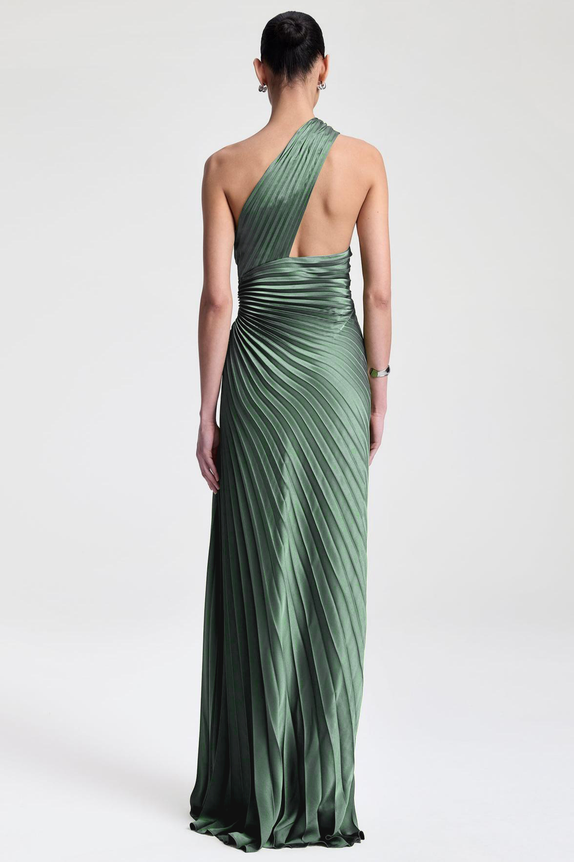 Skew Collar Satin Pleated Maxi Dress