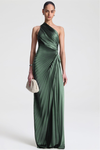 Skew Collar Satin Pleated Maxi Dress