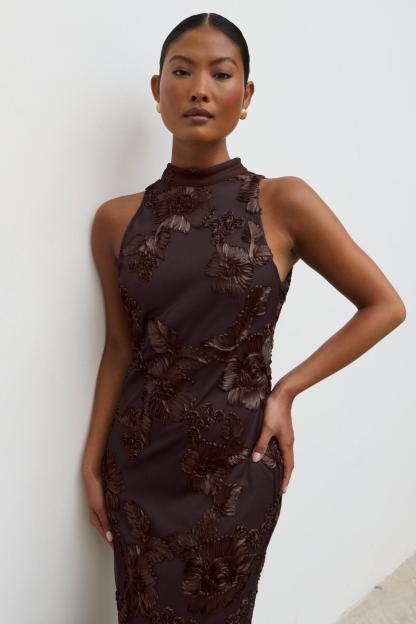 Embroidered Halter Neck Sleeveless Maxi Dress