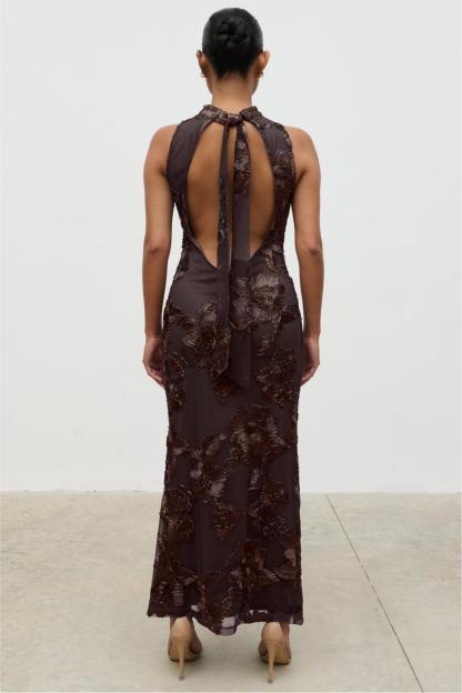 Embroidered Halter Neck Sleeveless Maxi Dress