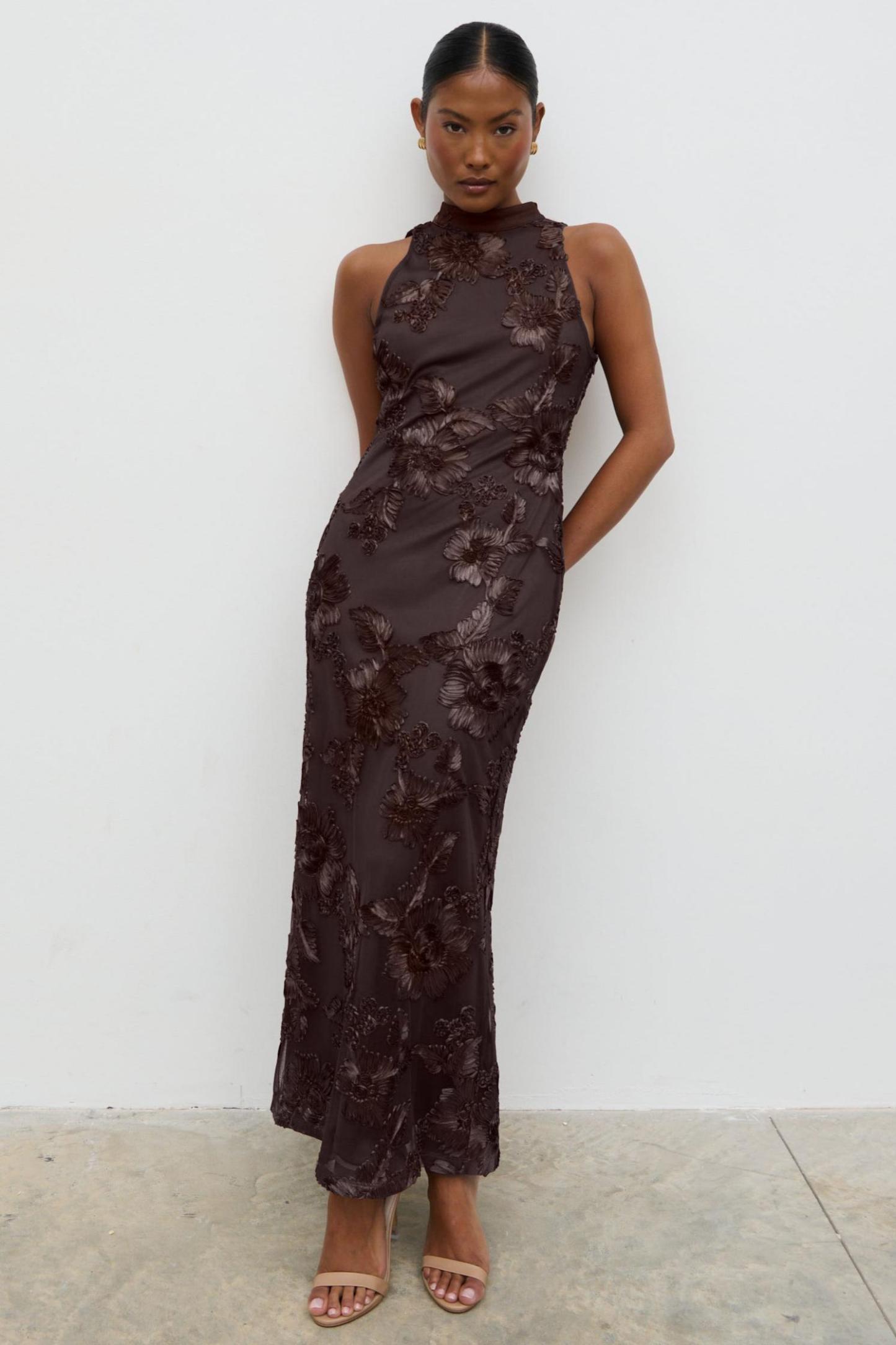 Embroidered Halter Neck Sleeveless Maxi Dress