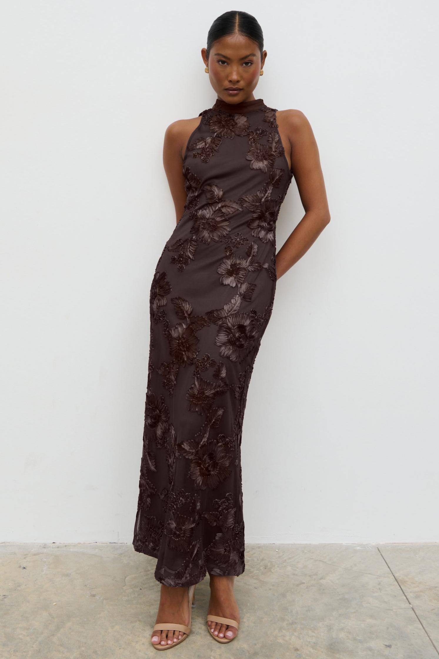 Embroidered Halter Neck Sleeveless Maxi Dress