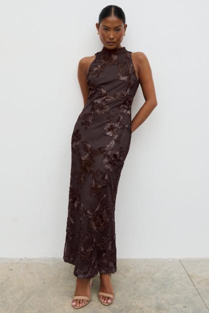 Embroidered Halter Neck Sleeveless Maxi Dress