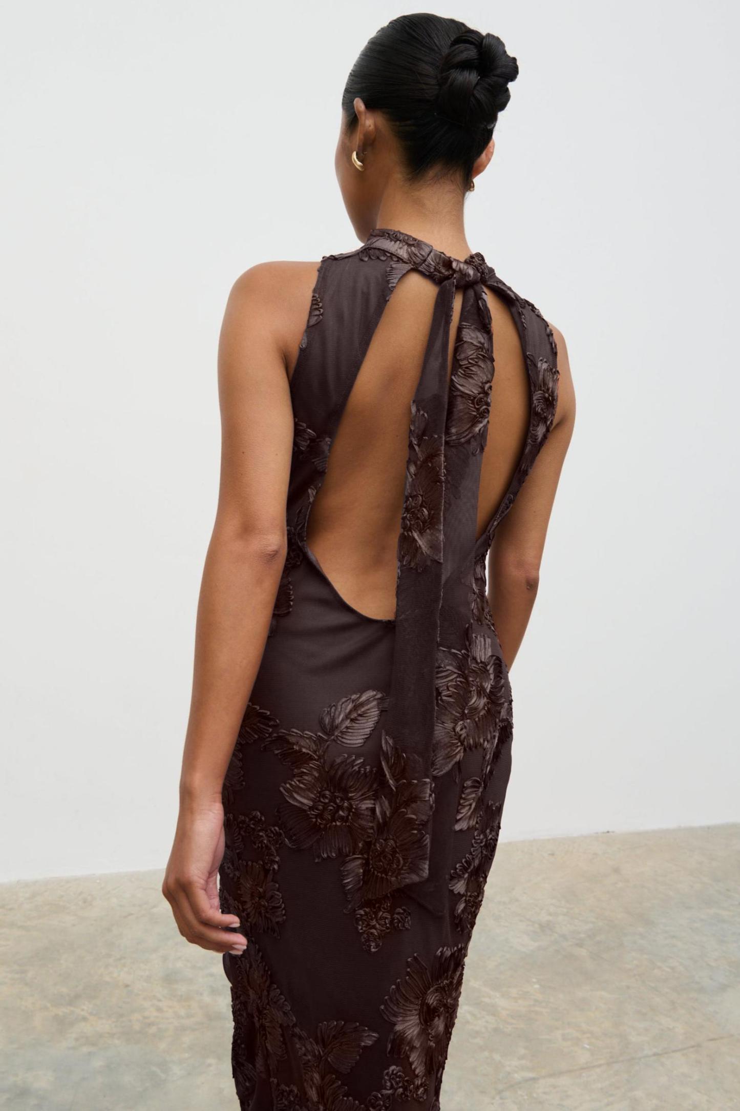 Embroidered Halter Neck Sleeveless Maxi Dress