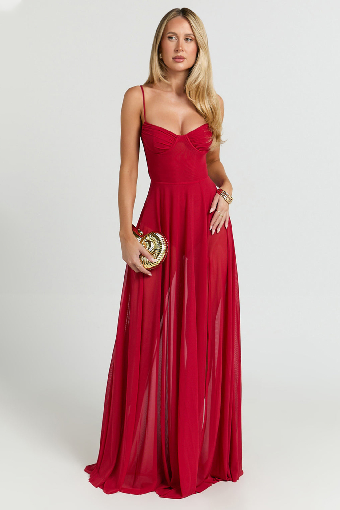 Solid Mesh Slit Maxi Dress