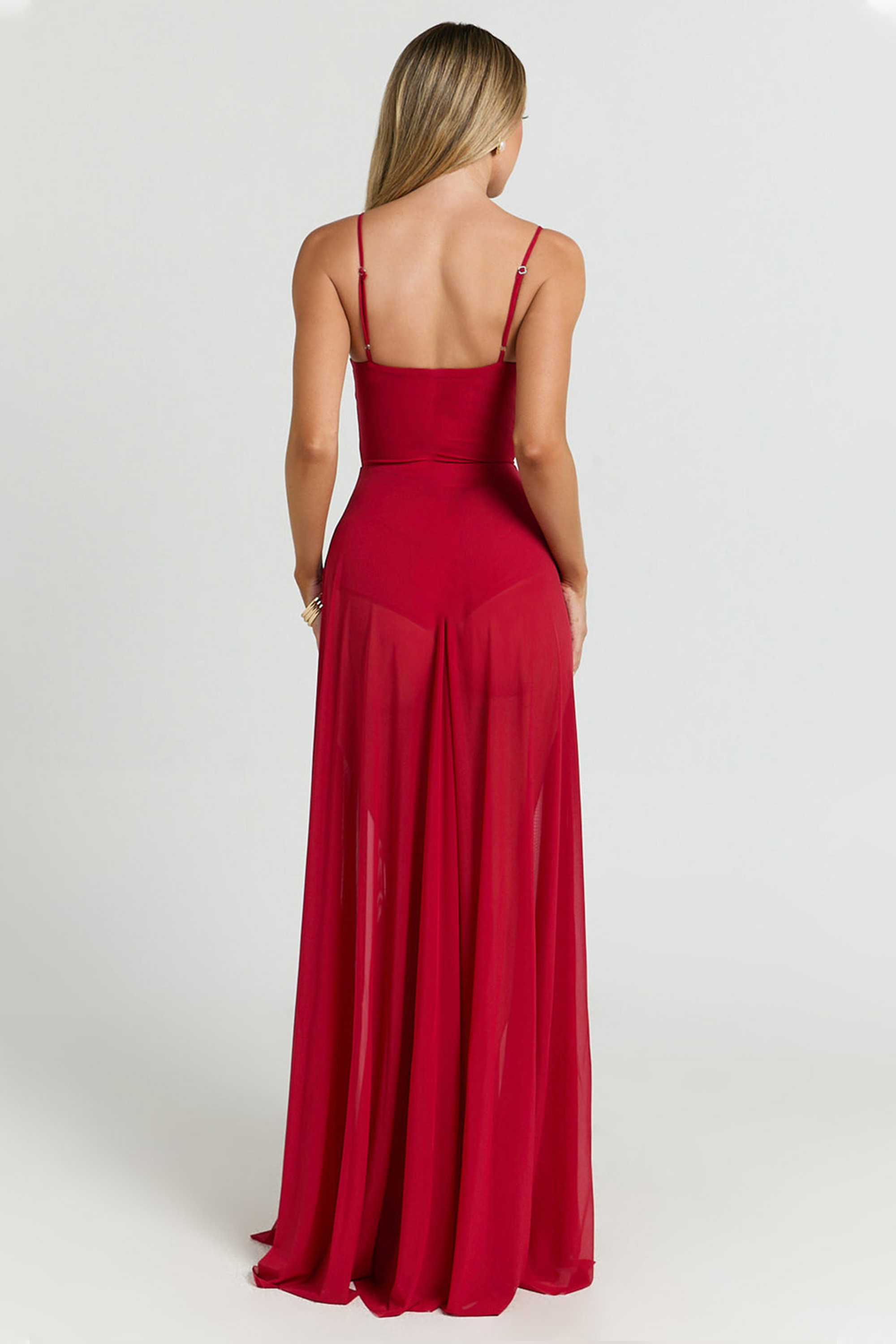 Solid Mesh Slit Maxi Dress