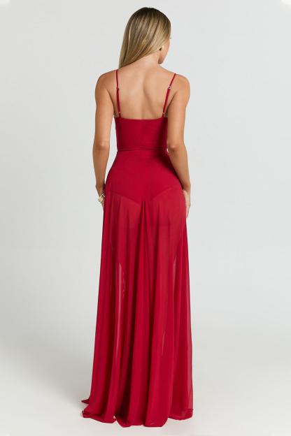 Solid Mesh Slit Maxi Dress