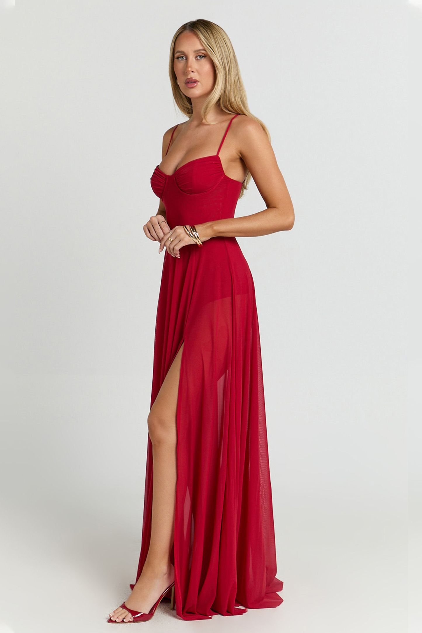 Solid Mesh Slit Maxi Dress