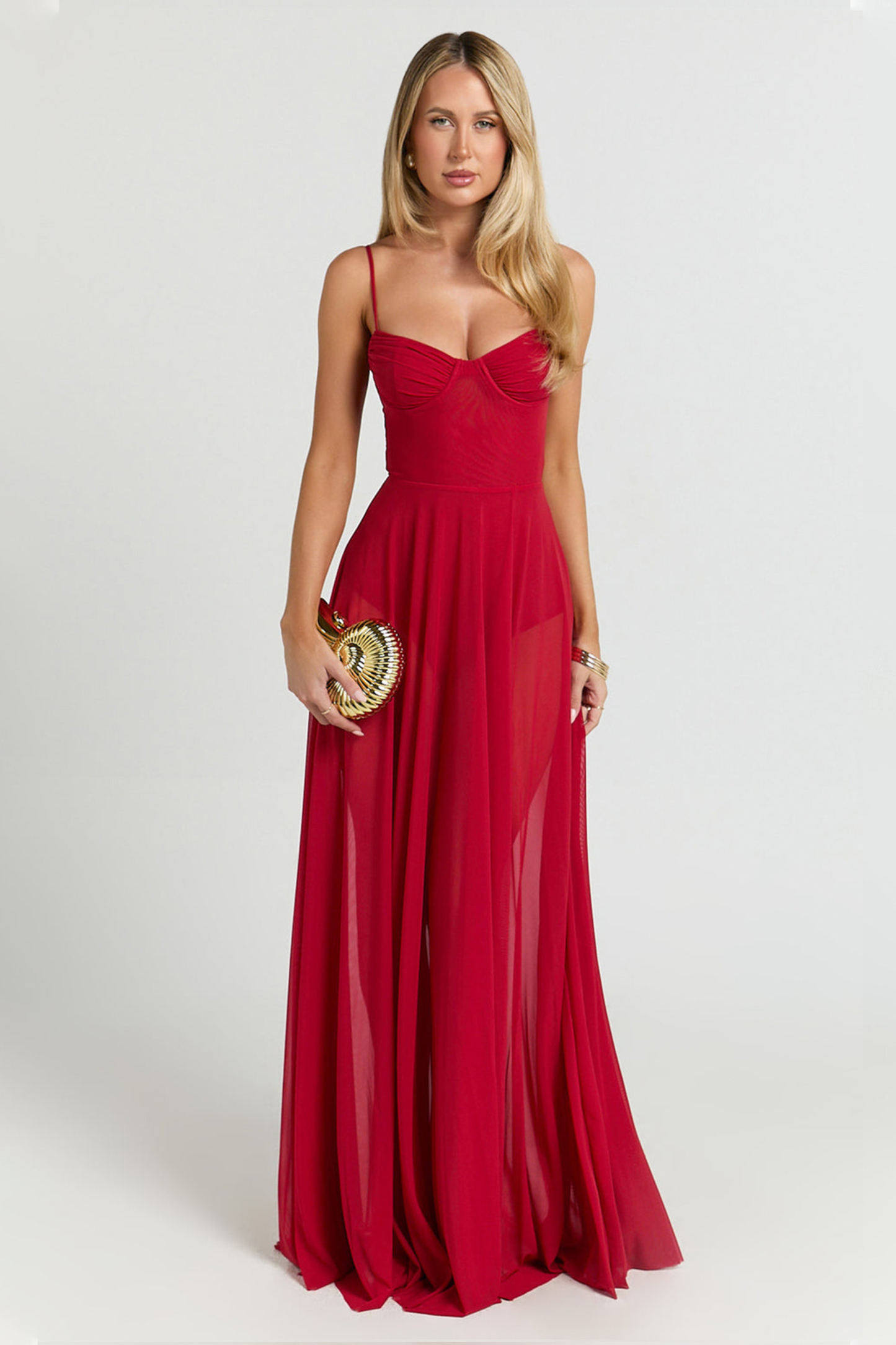 Solid Mesh Slit Maxi Dress