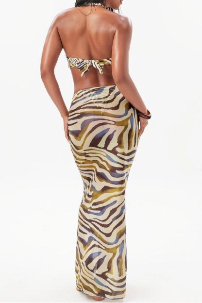 Zebra Print Strapless Bikini Three Piece Set