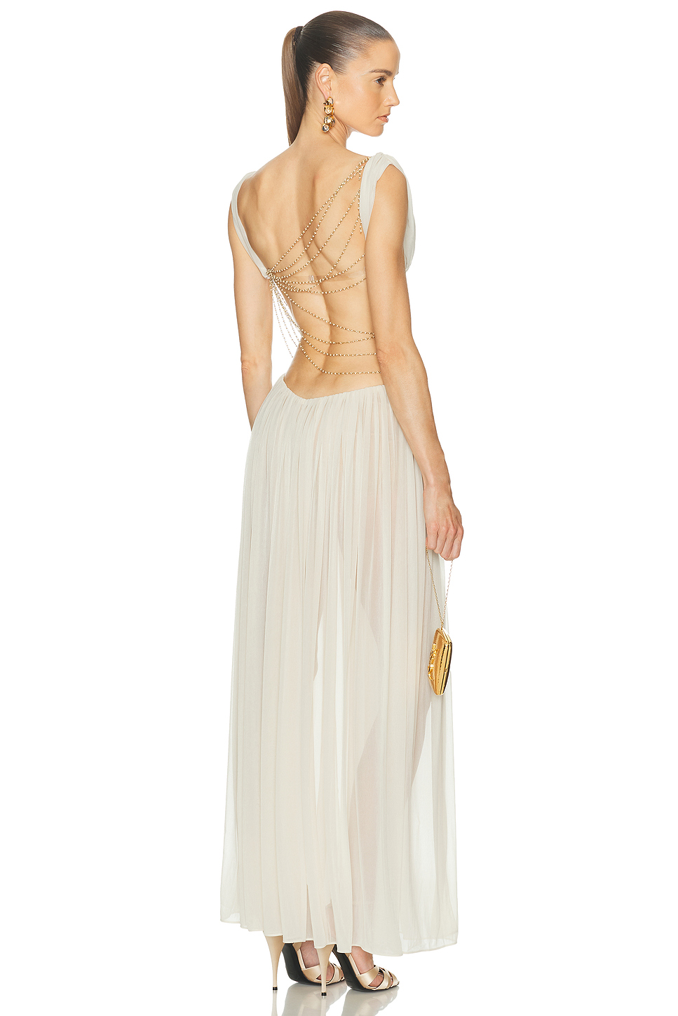 Mesh Faux Pearl Tassel Top & Slit Maxi Skirt Set
