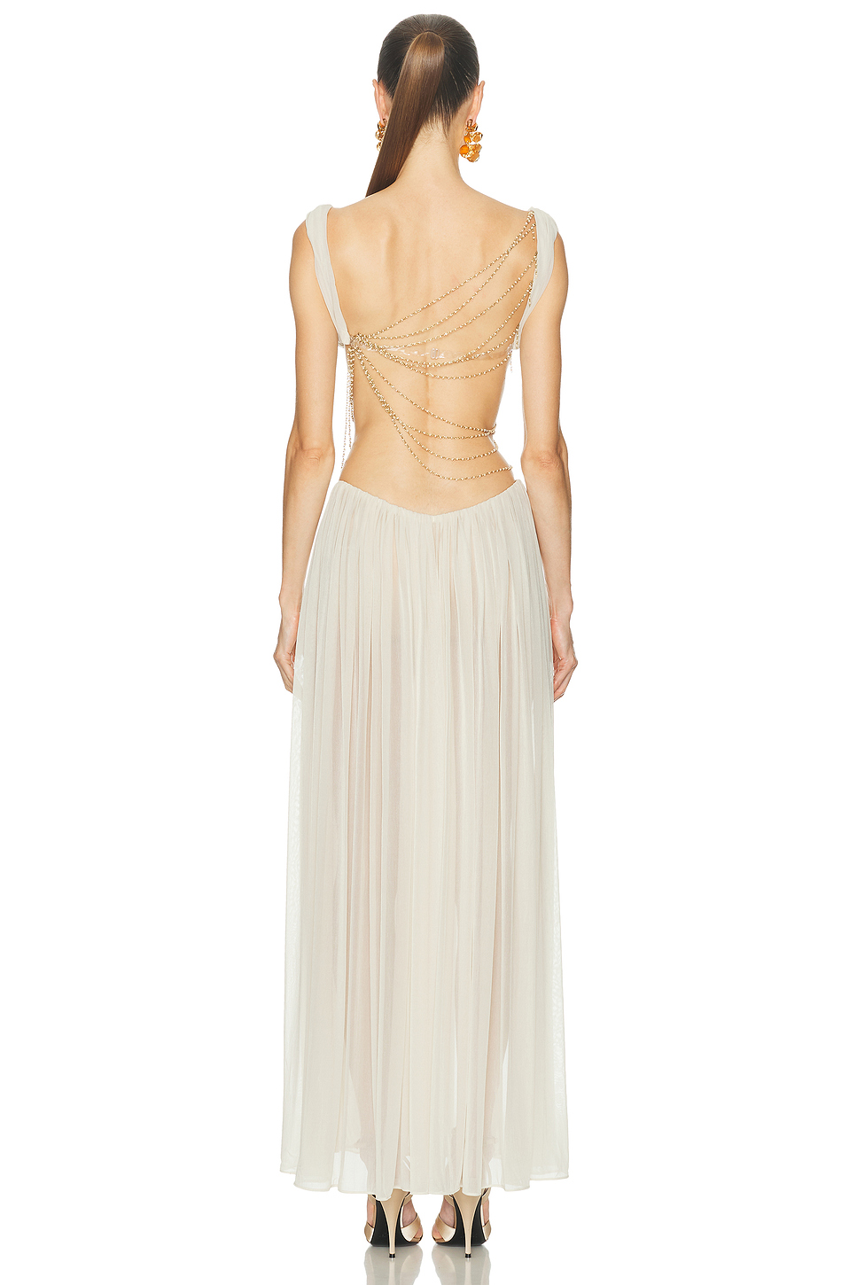 Mesh Faux Pearl Tassel Top & Slit Maxi Skirt Set