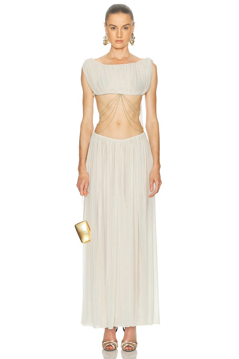 Mesh Faux Pearl Tassel Top & Slit Maxi Skirt Set