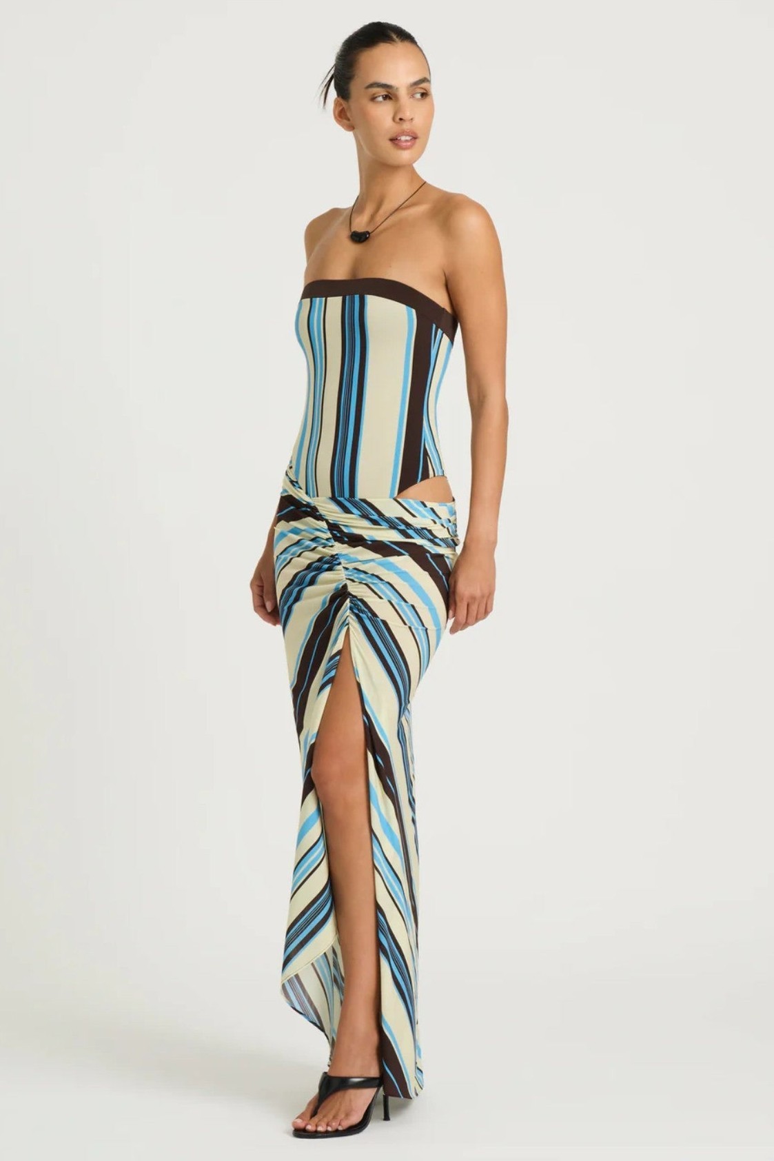 Stripe Off Shoulder Gathering Maxi Dress