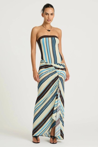 Stripe Off Shoulder Gathering Maxi Dress