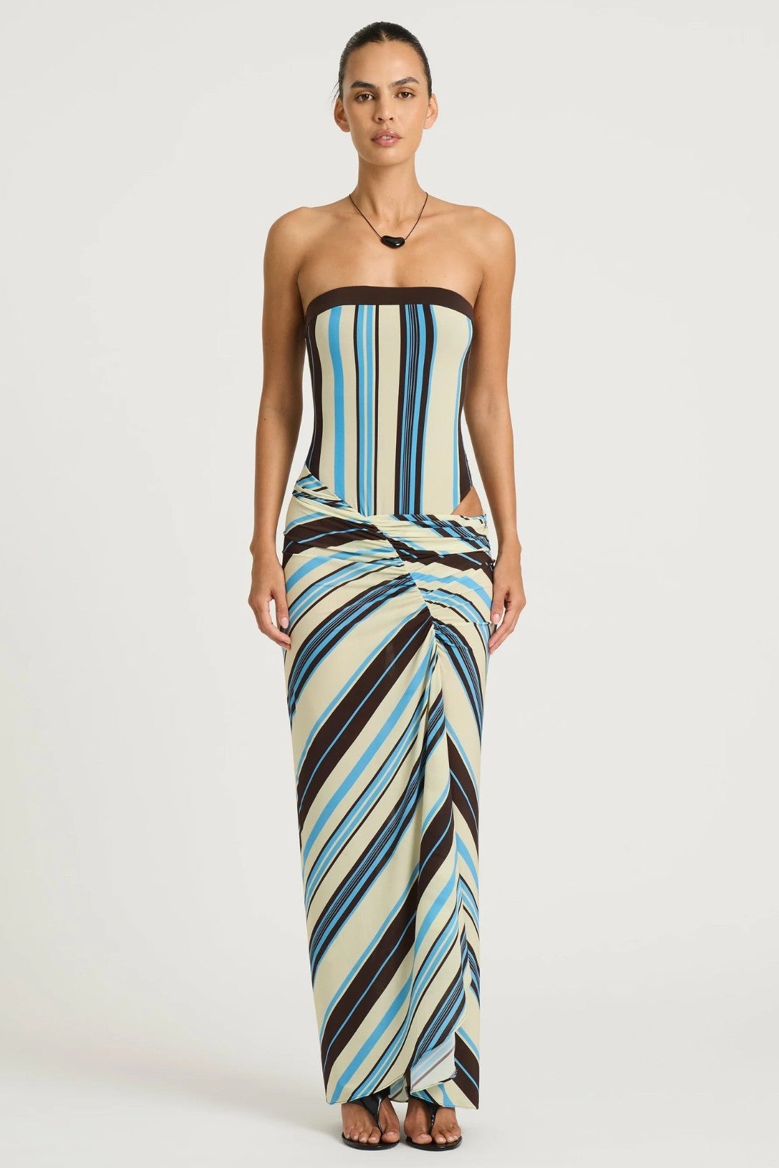 Stripe Off Shoulder Gathering Maxi Dress