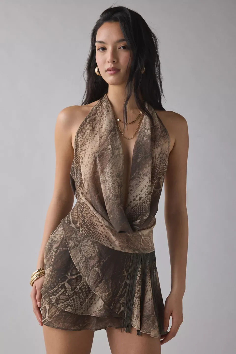 Snake Print Halter Neck Tassel Mini Dress