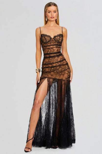 Lace Sweetheart Neck Slit Maxi Dress