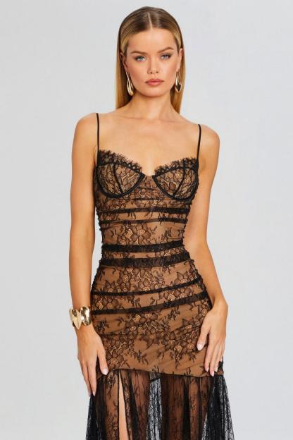 Lace Sweetheart Neck Slit Maxi Dress