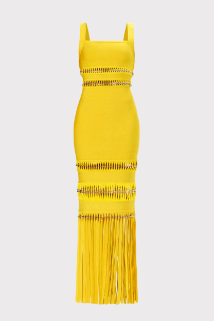 Bandage Beaded Cut-Out Tassel Maxi Dress