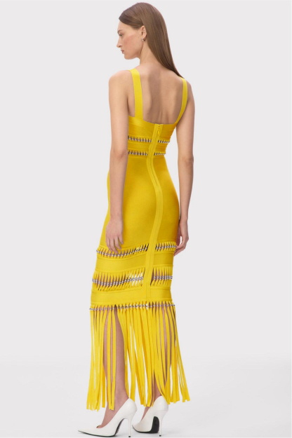 Bandage Beaded Cut-Out Tassel Maxi Dress