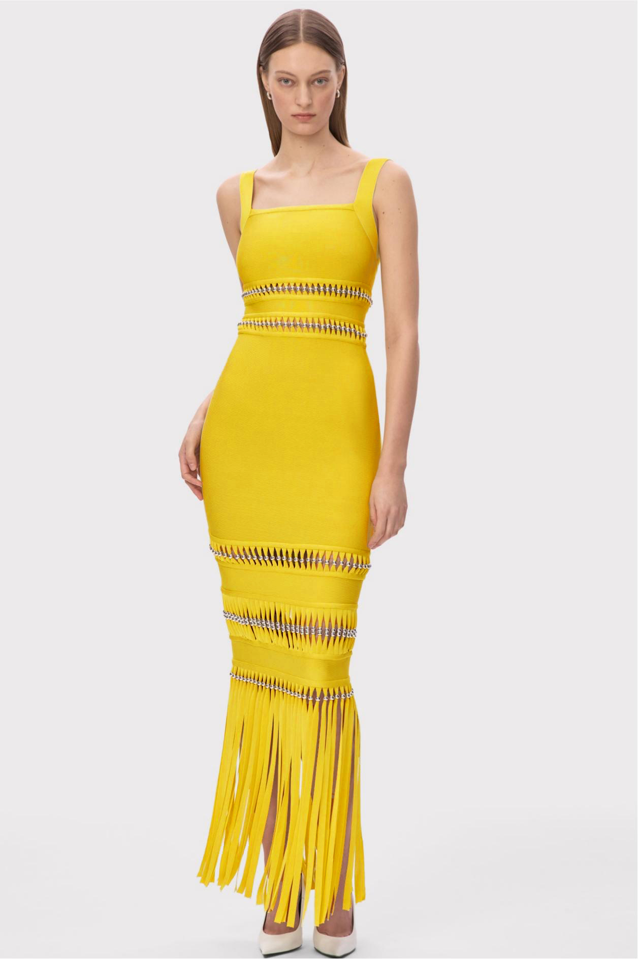 Bandage Beaded Cut-Out Tassel Maxi Dress