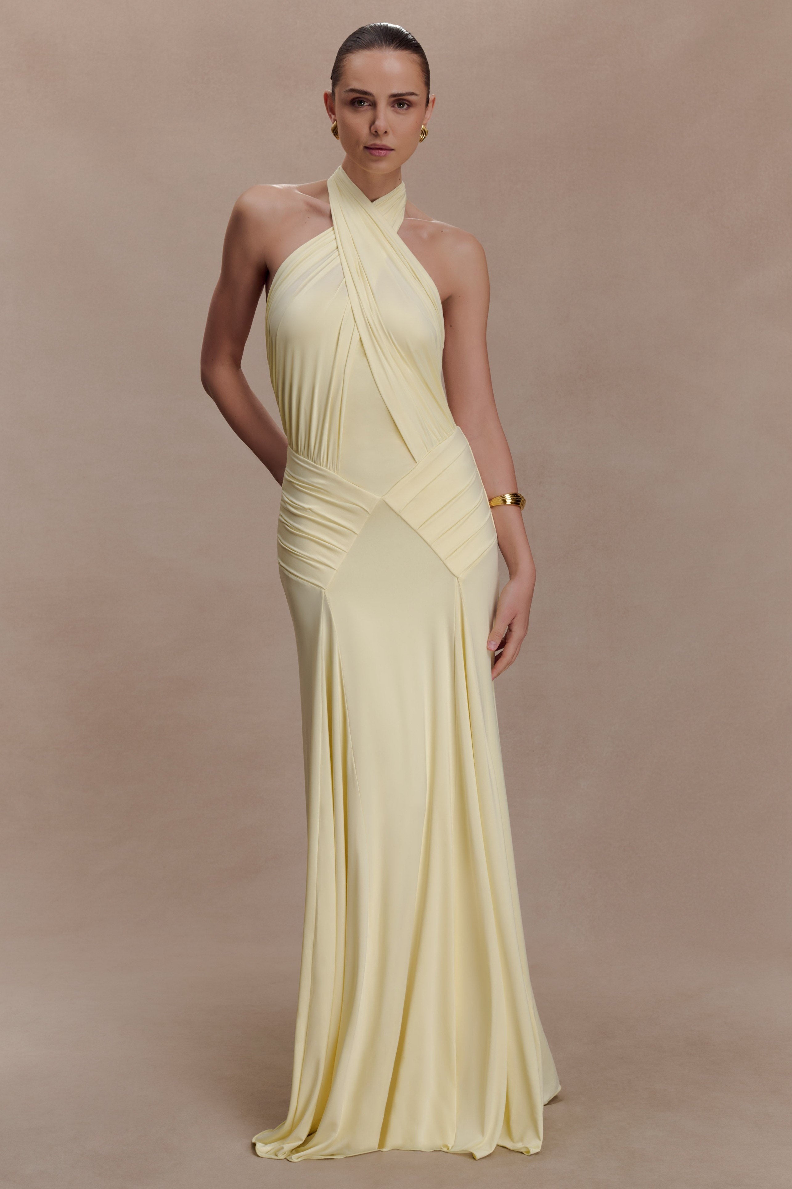 Halter Neck Gathering Solid Maxi Dress