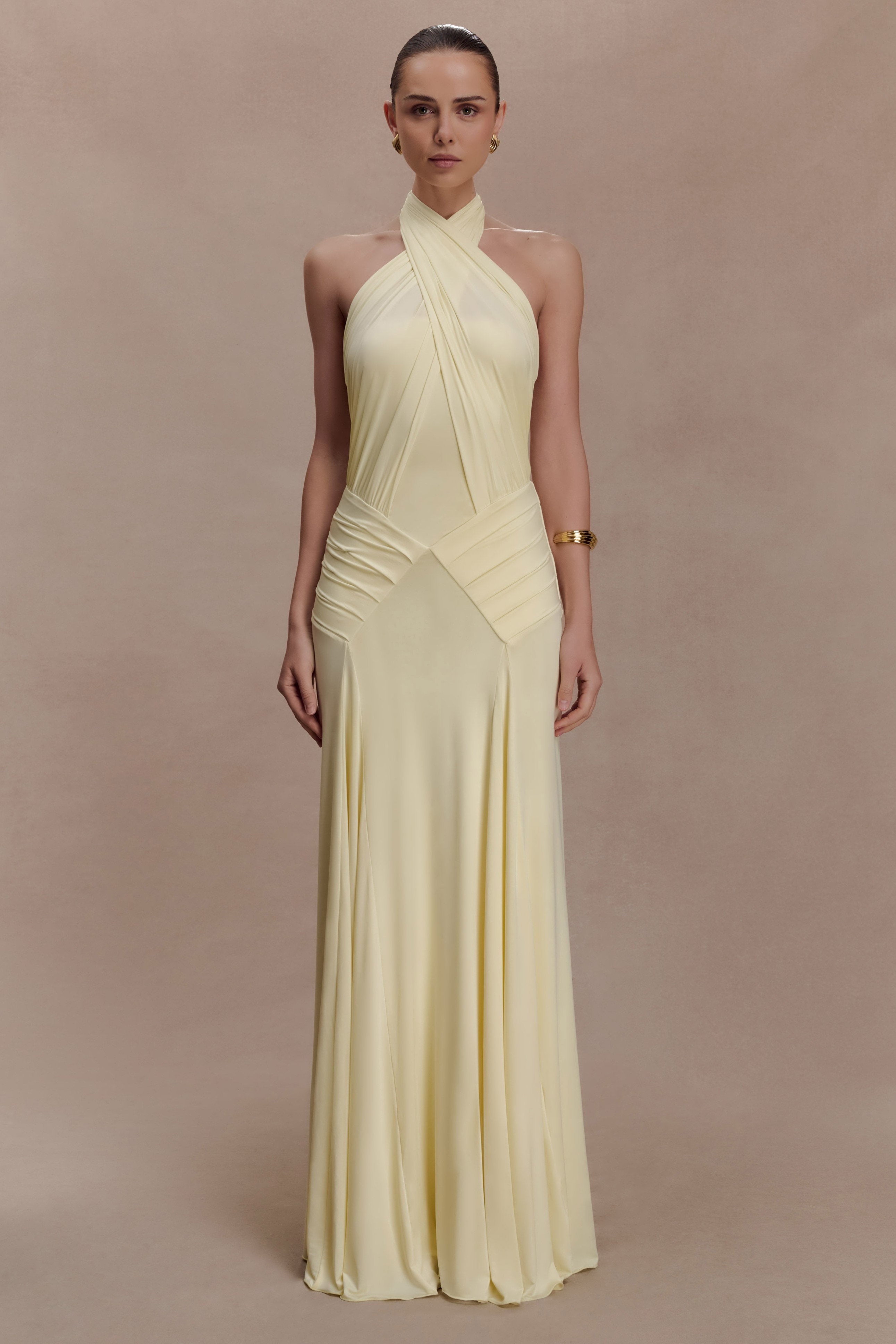 Halter Neck Gathering Solid Maxi Dress