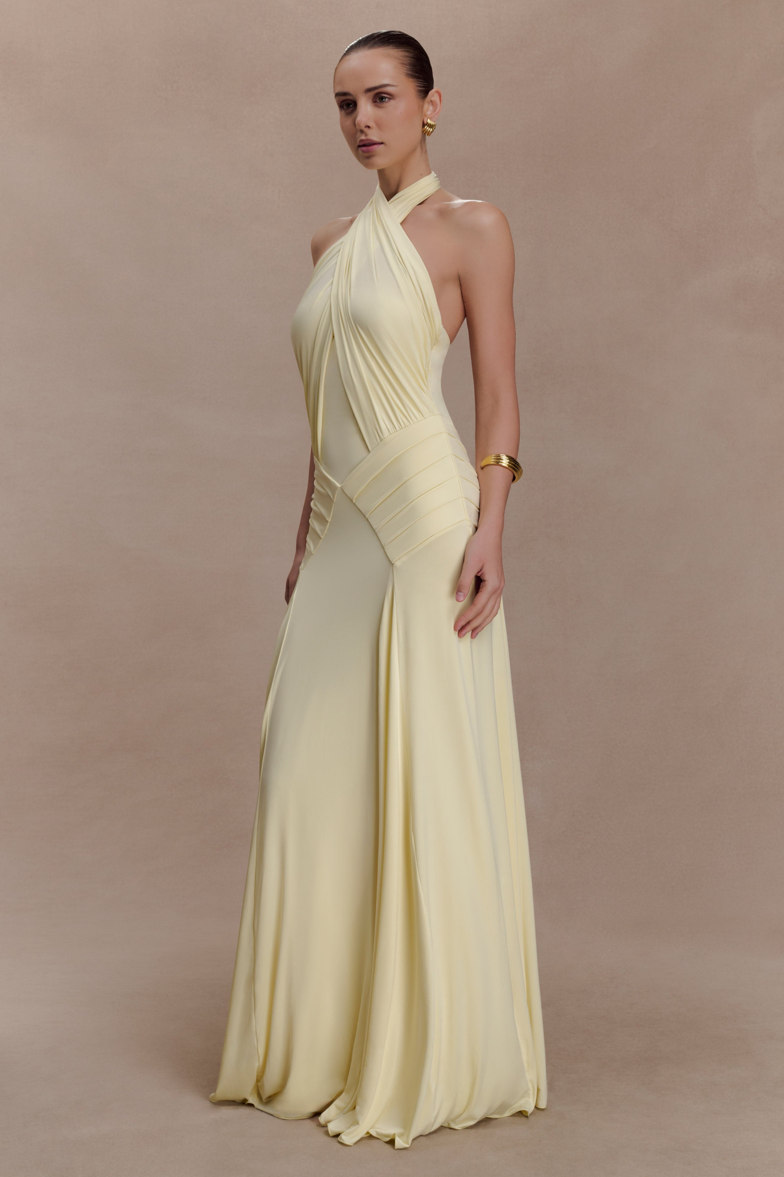 Halter Neck Gathering Solid Maxi Dress