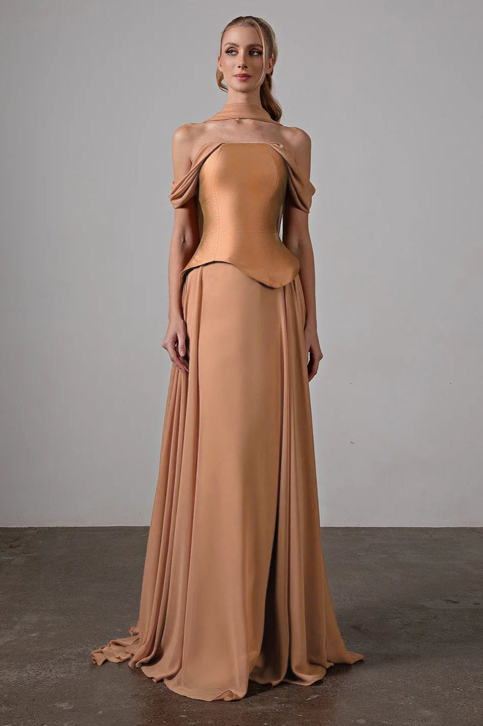 Satin Splicing Chiffon Off Shoulder Maxi Dress