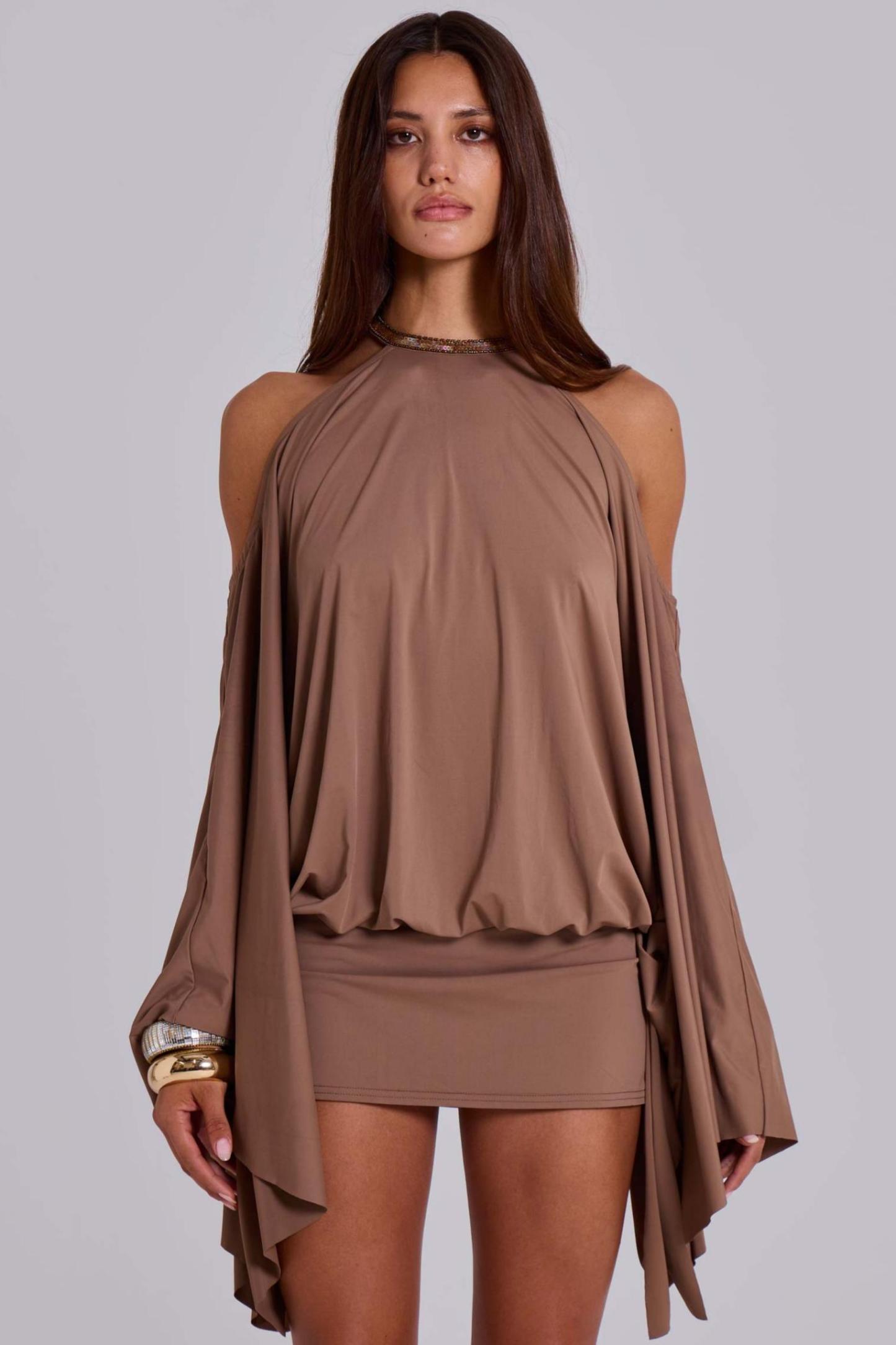 Satin Halter Neck Sequin Embroidered Mini Dress