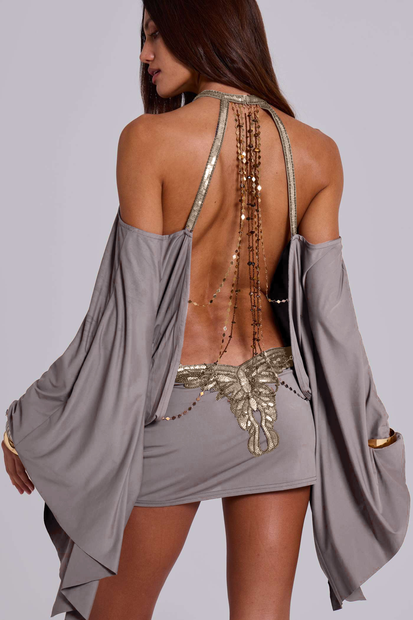 Satin Halter Neck Sequin Embroidered Mini Dress