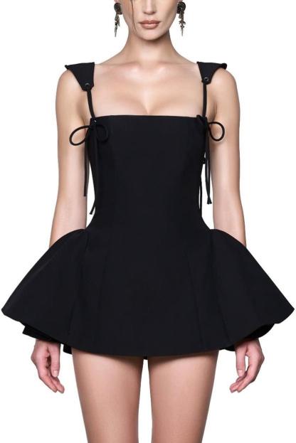 Tie-Up Square Collar Solid Mini Dress