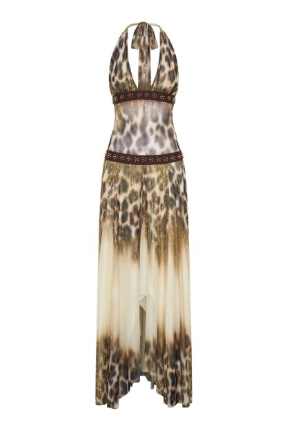 Leopard Print Mesh Cut-Out Maxi Dress