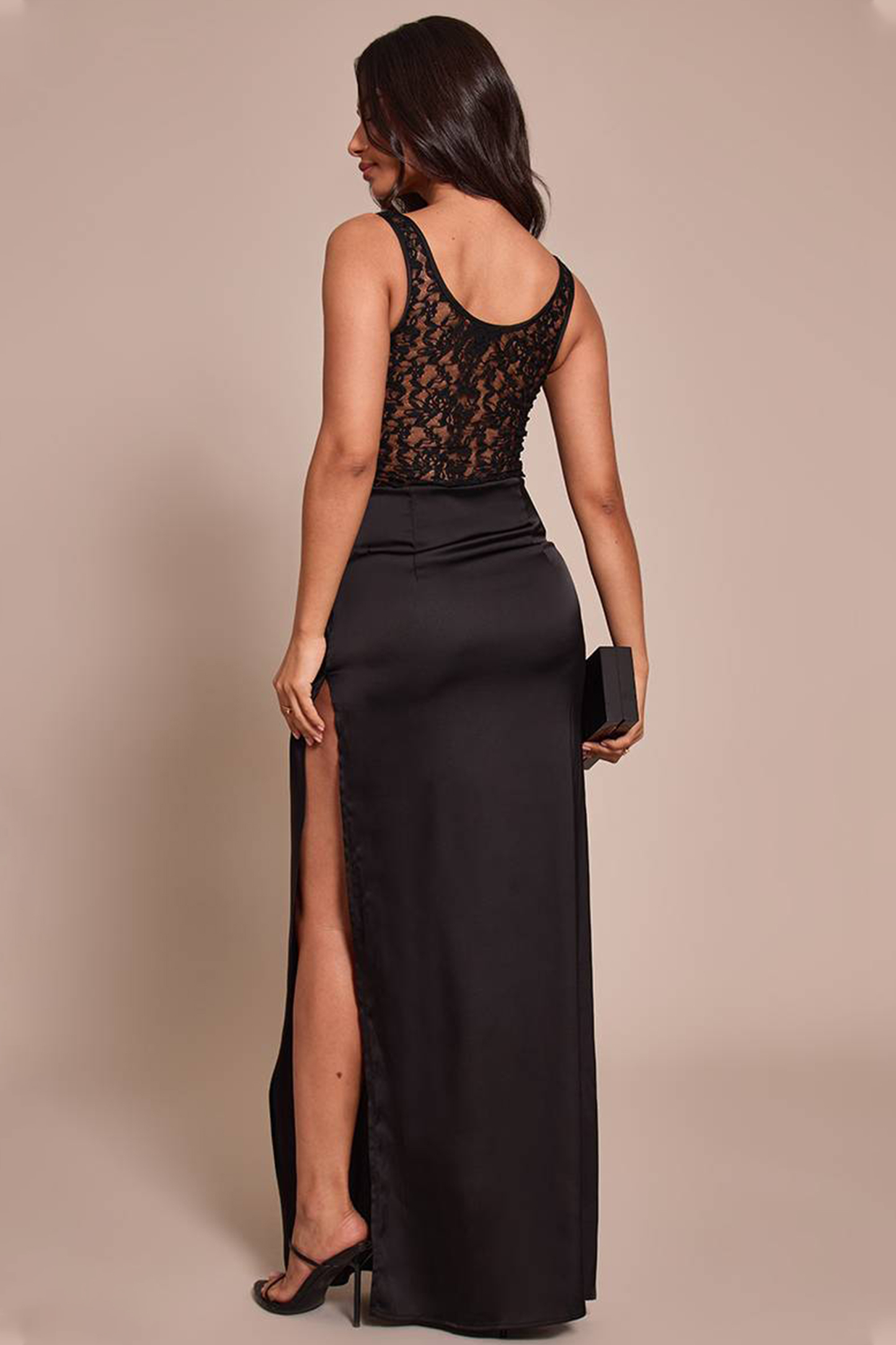 Sleeveless Lace Splicing Satin Slit Maxi Dress