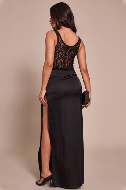 Sleeveless Lace Splicing Satin Slit Maxi Dress