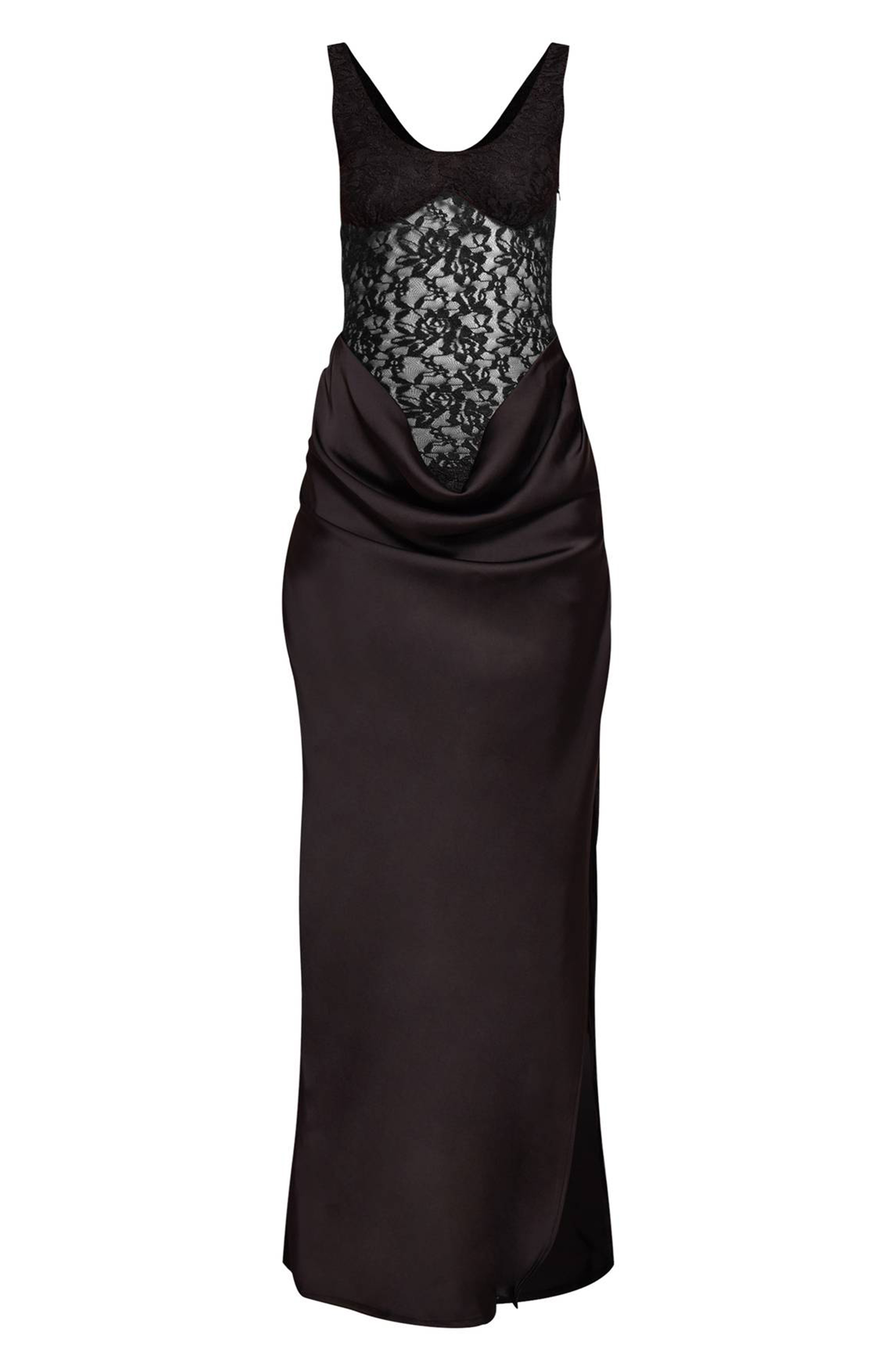 Sleeveless Lace Splicing Satin Slit Maxi Dress