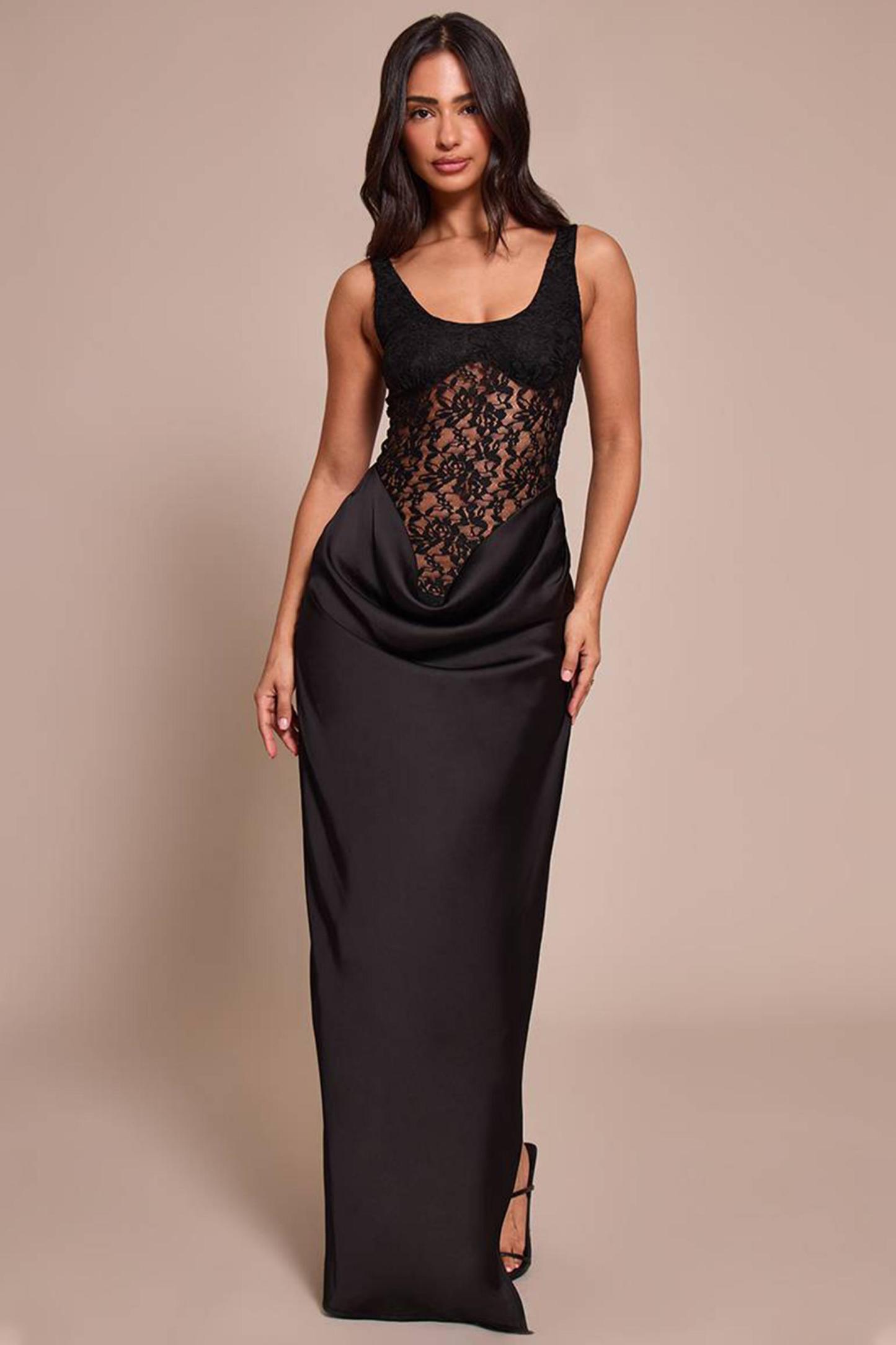 Sleeveless Lace Splicing Satin Slit Maxi Dress