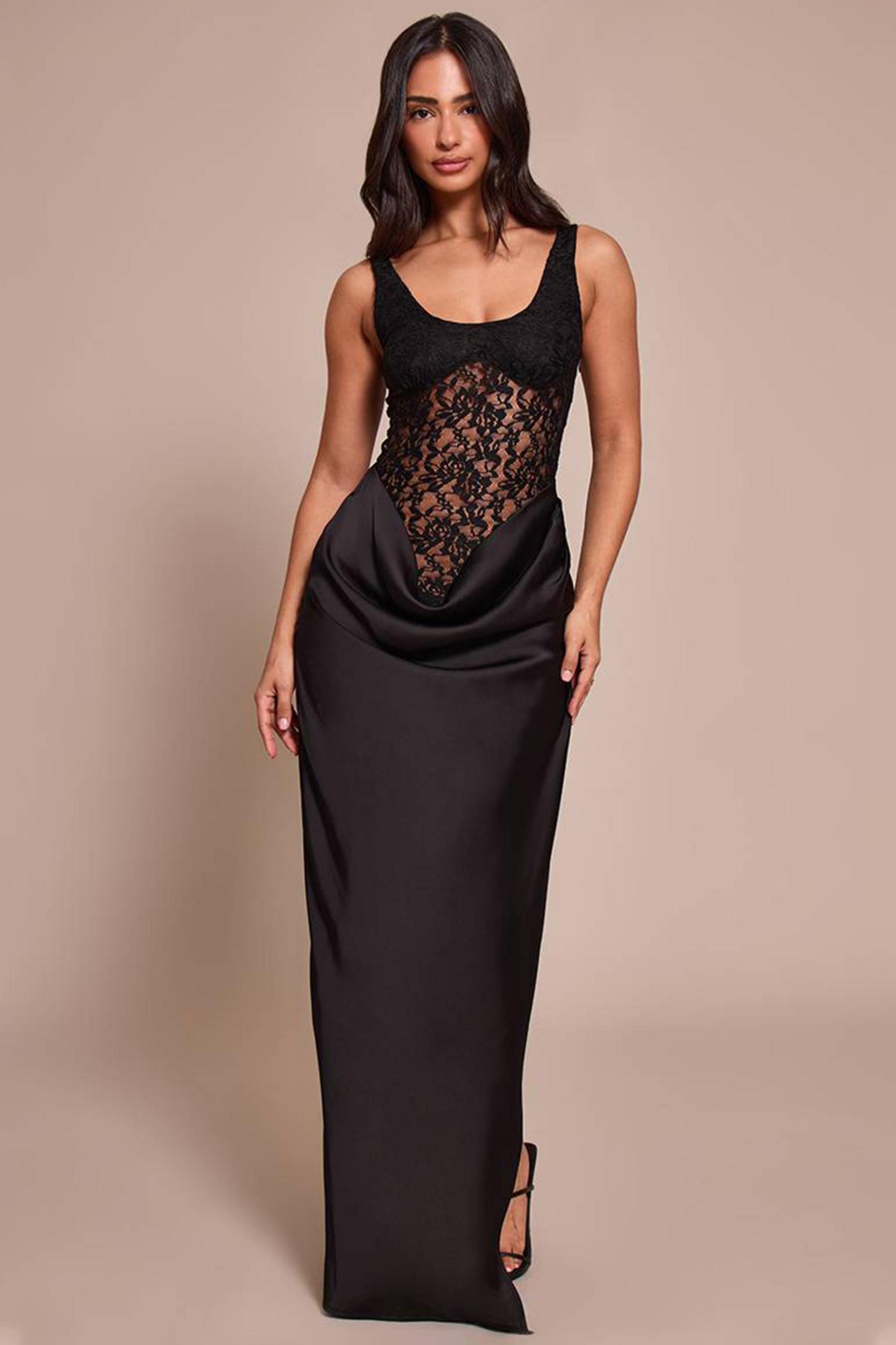 Sleeveless Lace Splicing Satin Slit Maxi Dress