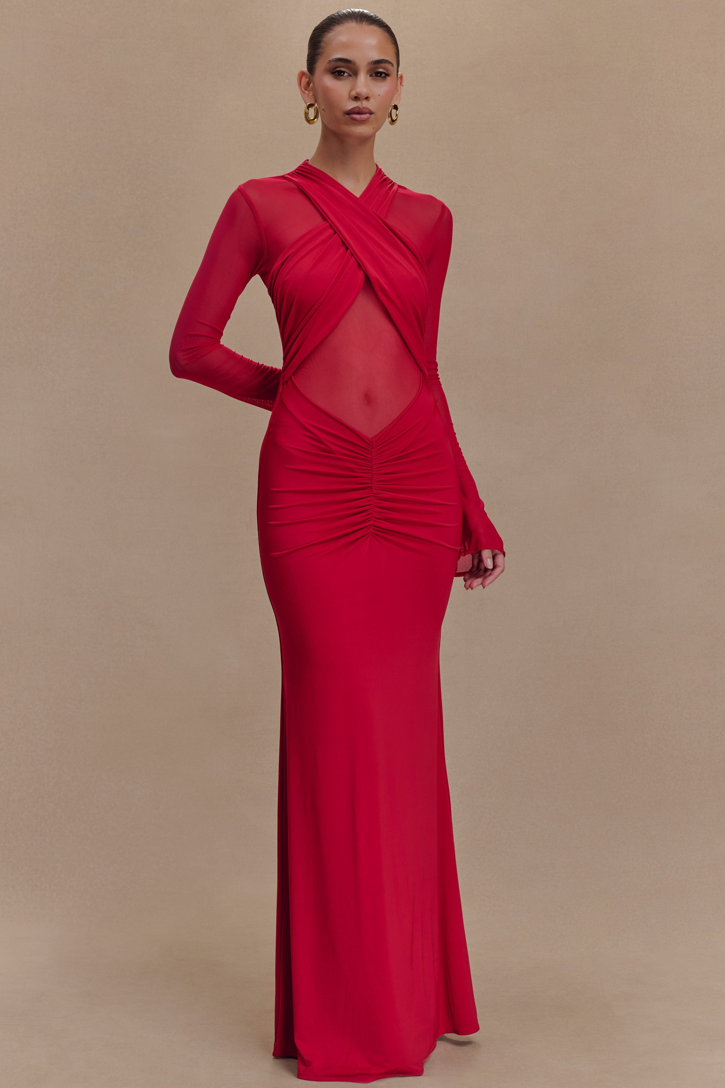 Mesh Splicing Jersey Long Sleeve Maxi Dress
