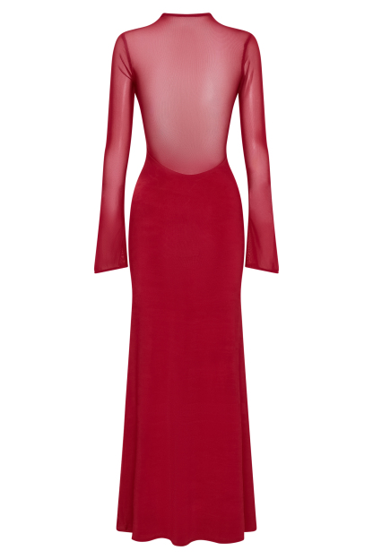 Mesh Splicing Jersey Long Sleeve Maxi Dress