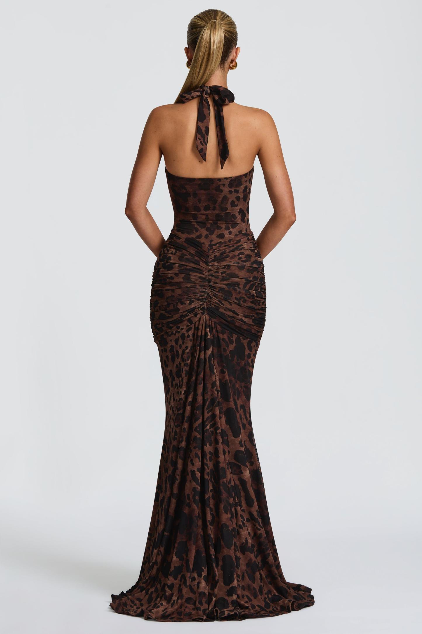 Leopard Print Halter Neck Gathering Maxi Dress