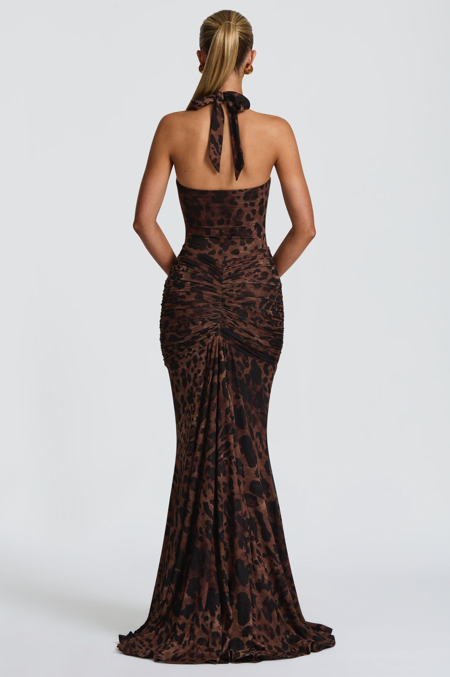 Leopard Print Halter Neck Gathering Maxi Dress