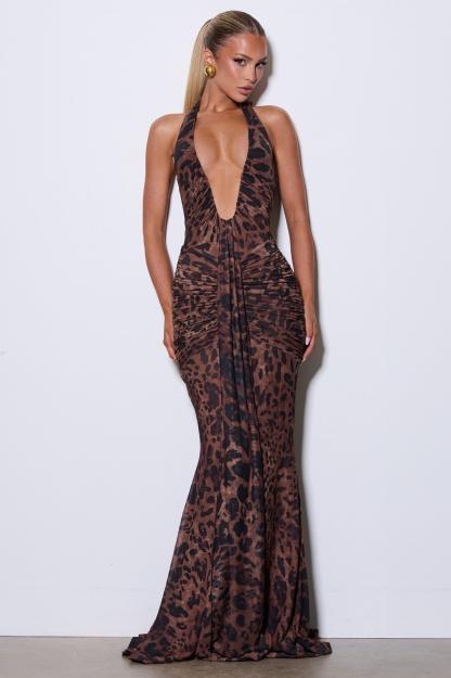 Leopard Print Halter Neck Gathering Maxi Dress