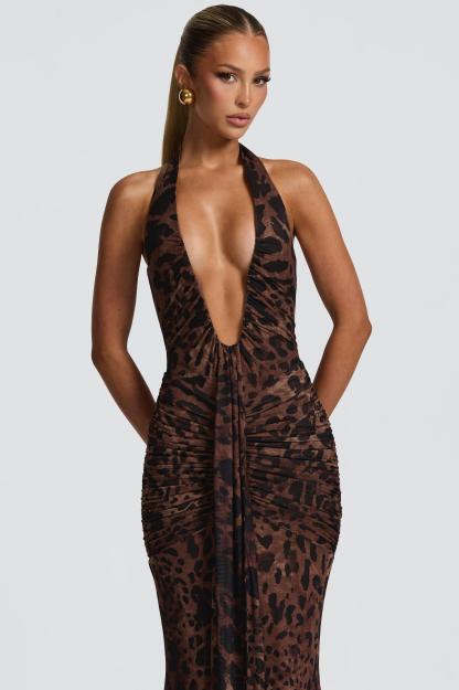 Leopard Print Halter Neck Gathering Maxi Dress